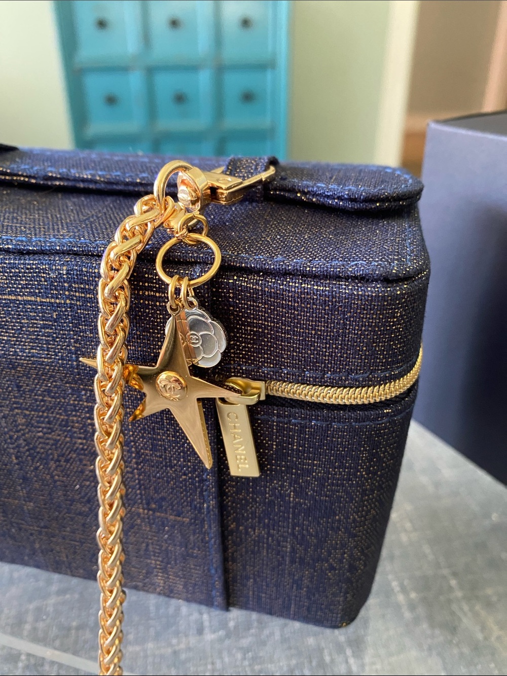 Chanel Blue and Gold Tweed Vanity Case - Picture 6 of 10